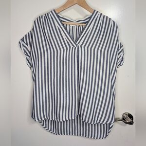 GAP Blue White Stripe Split Neck Blouse High Low Hem | Medium